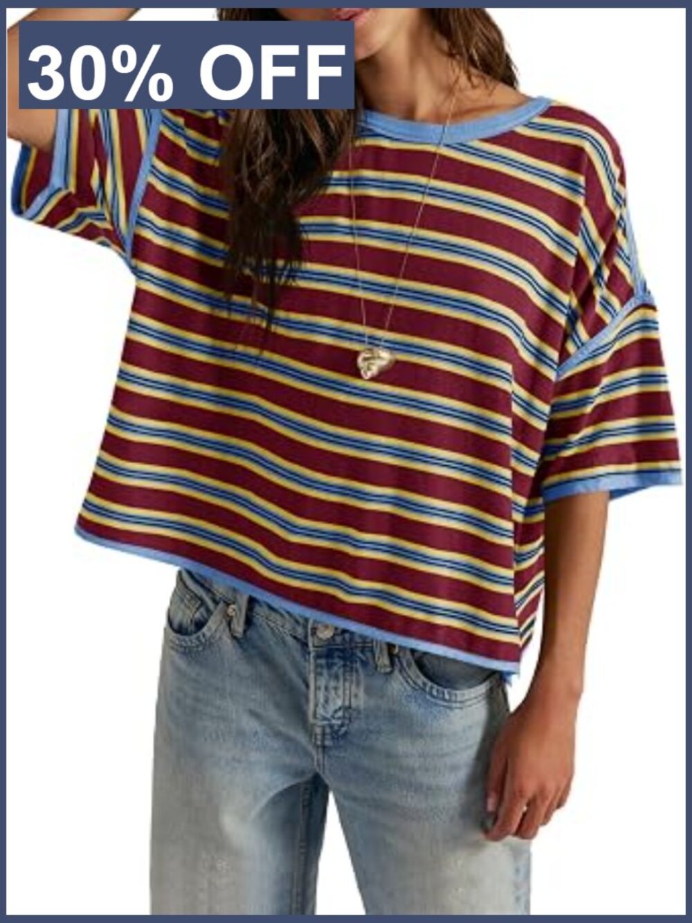 Retro Stripe Cropped Tee in Burgundy with Blue Trim